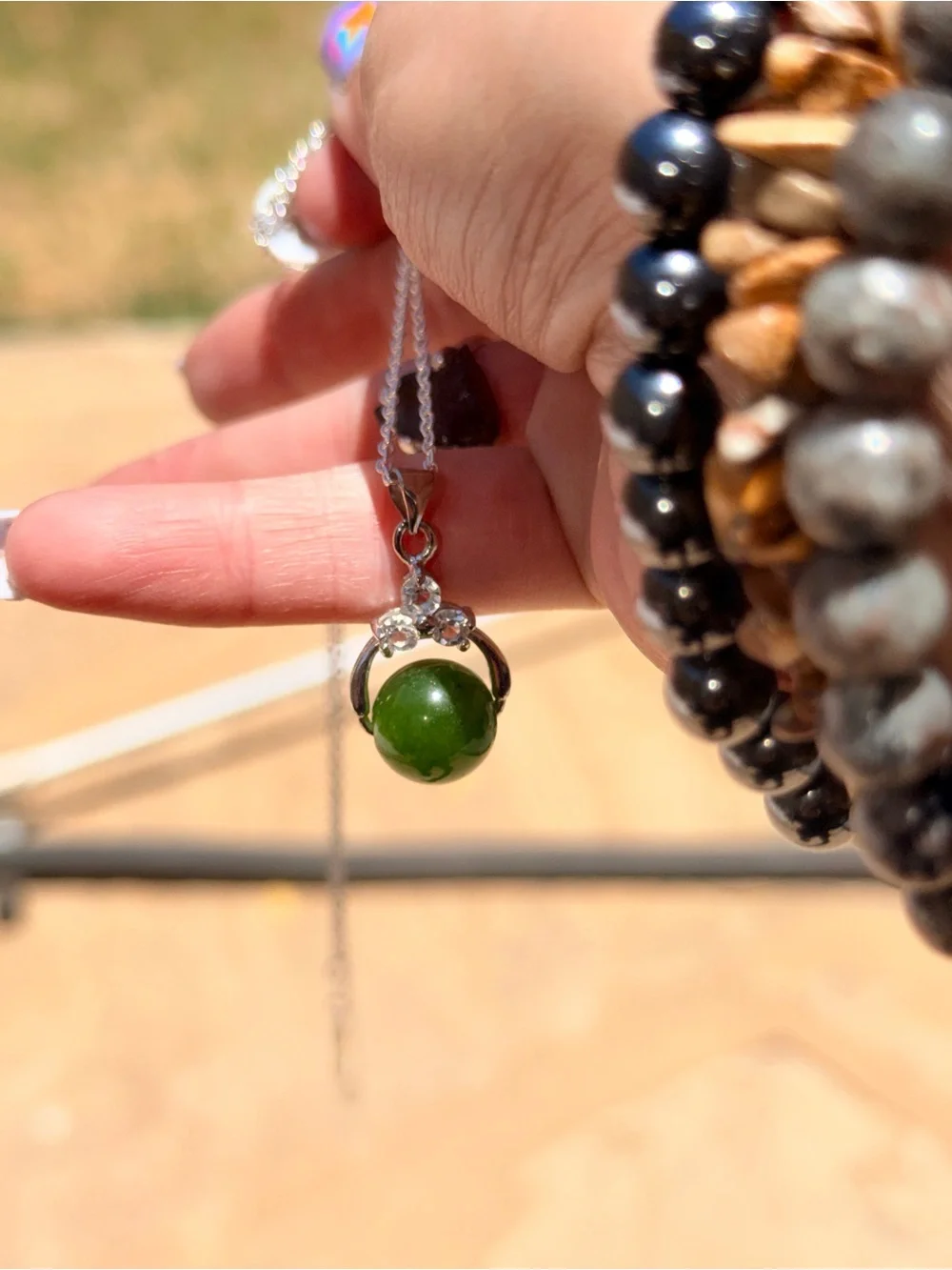 New Rare Jadeite Stone Green 925 Sterling Silver White Sapphire Artisan Necklace